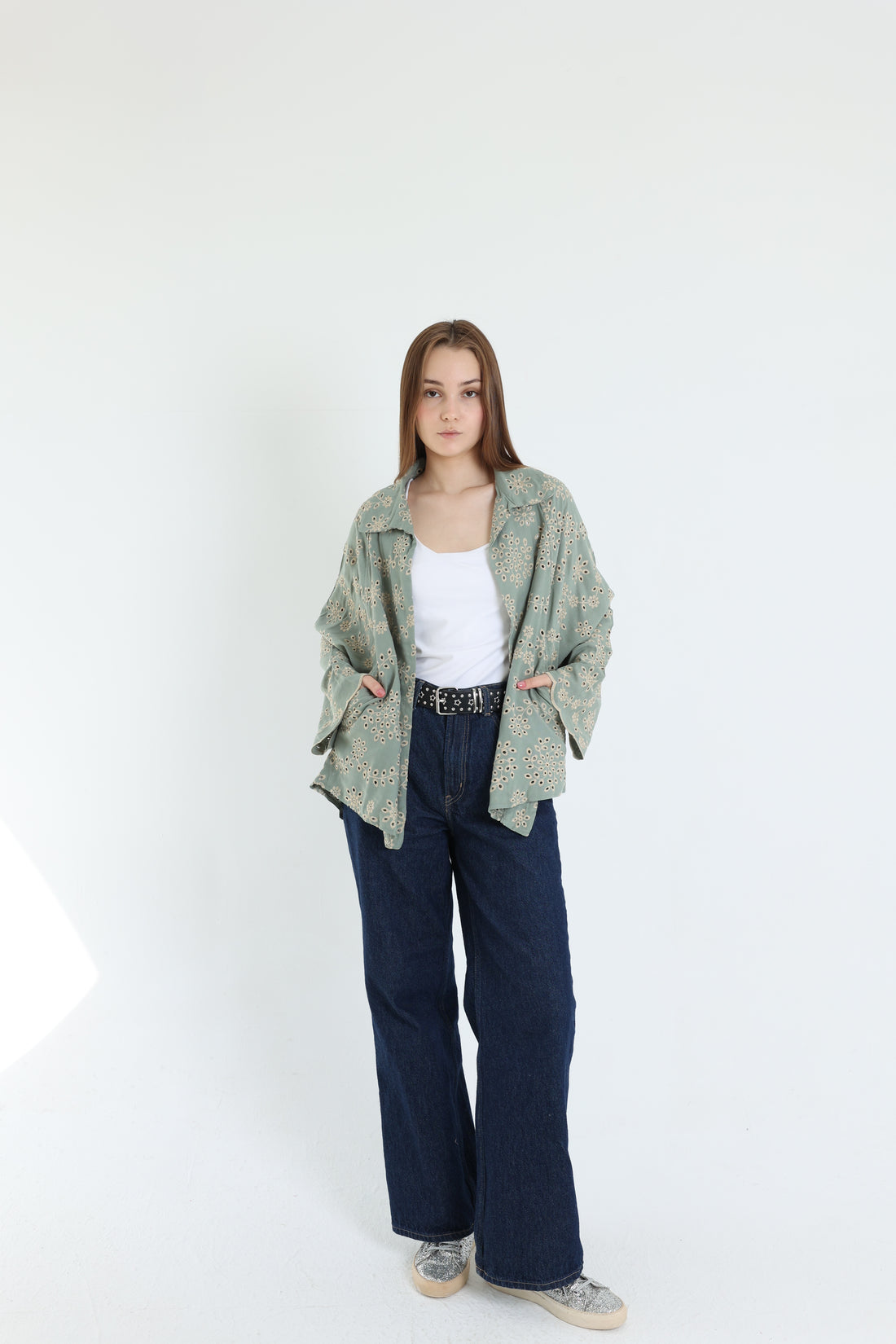 Green layered embroidered blouse