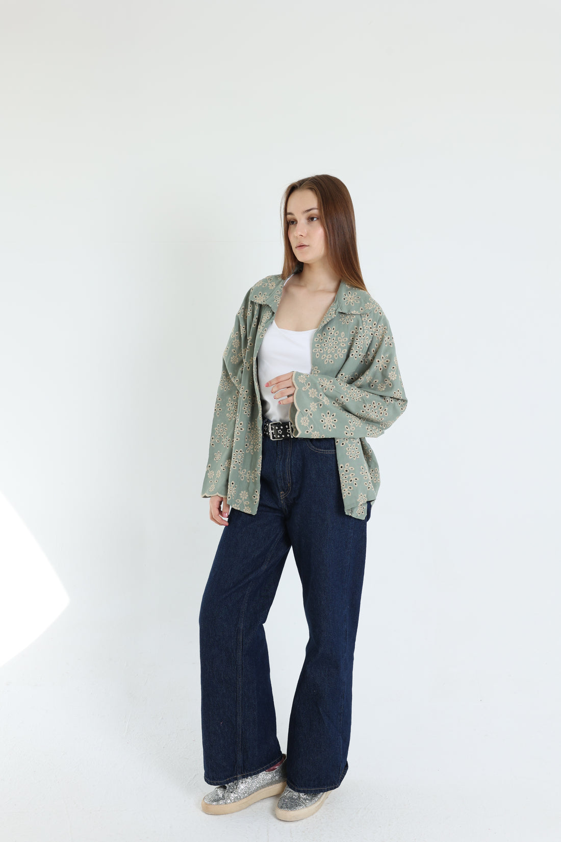 Green layered embroidered blouse