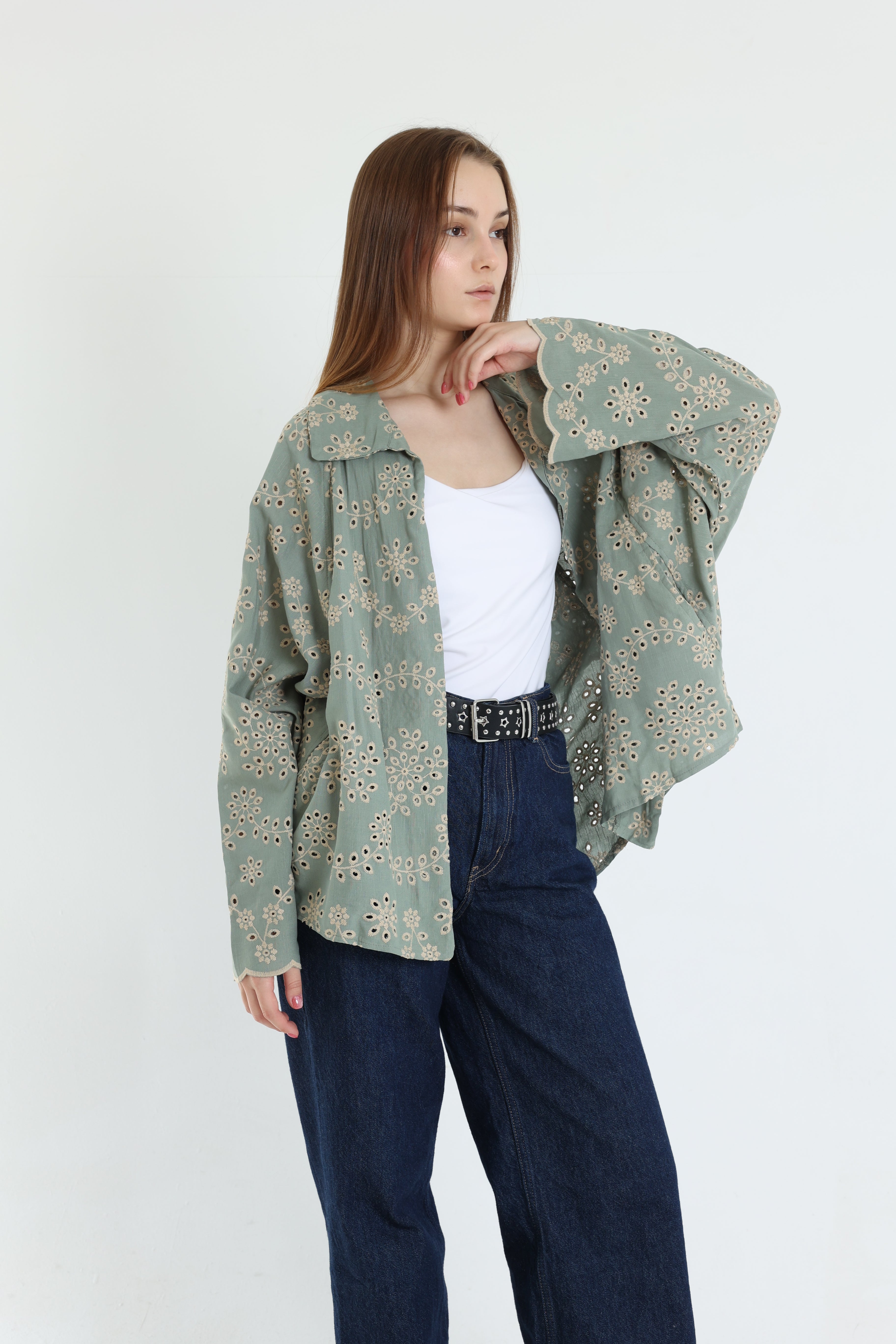 Green layered embroidered blouse