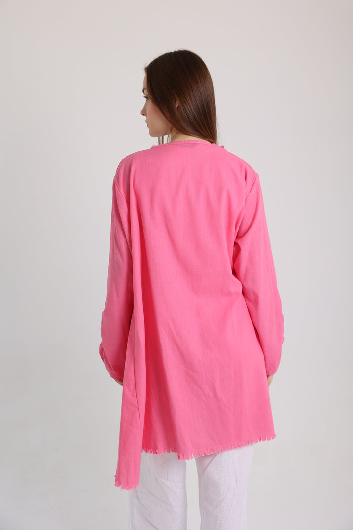 Hot pink high-low croise buttoned cardigan