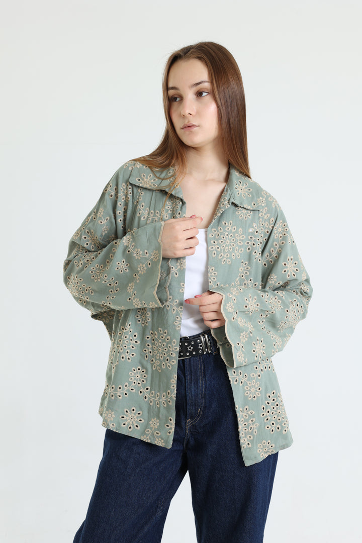 Green layered embroidered blouse