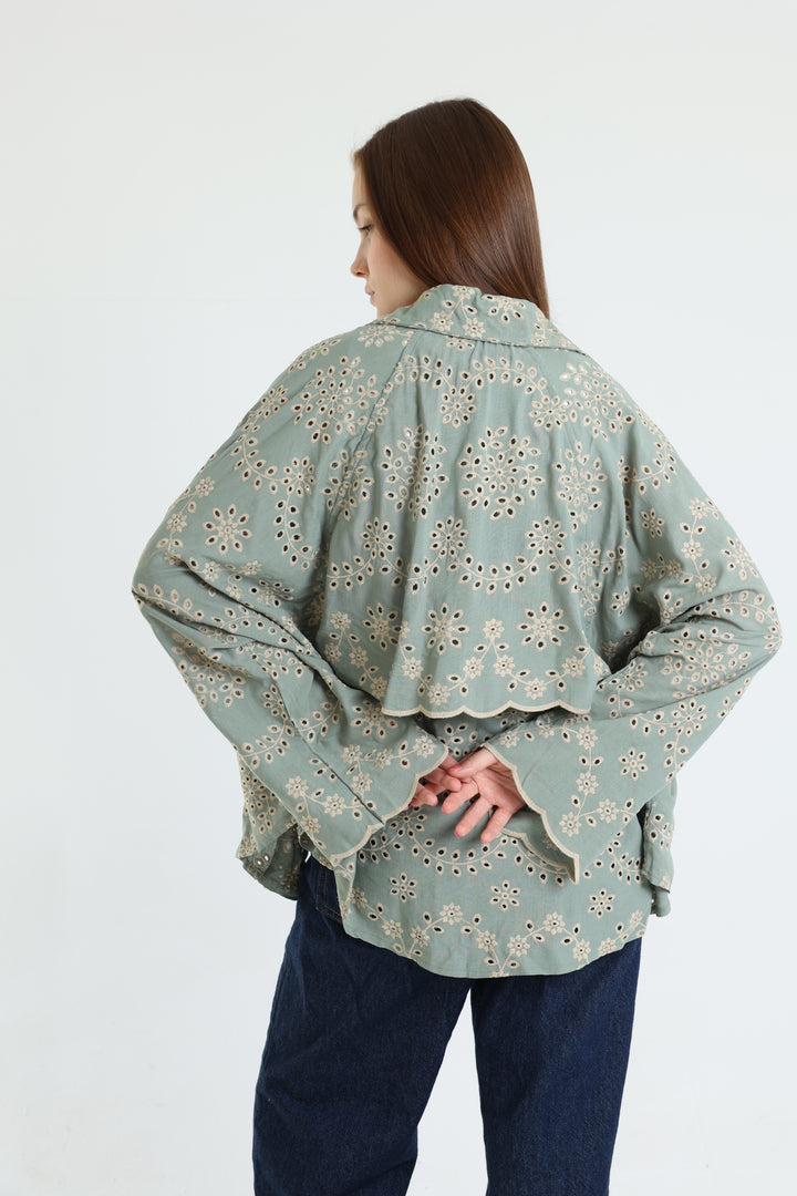 Green layered embroidered blouse