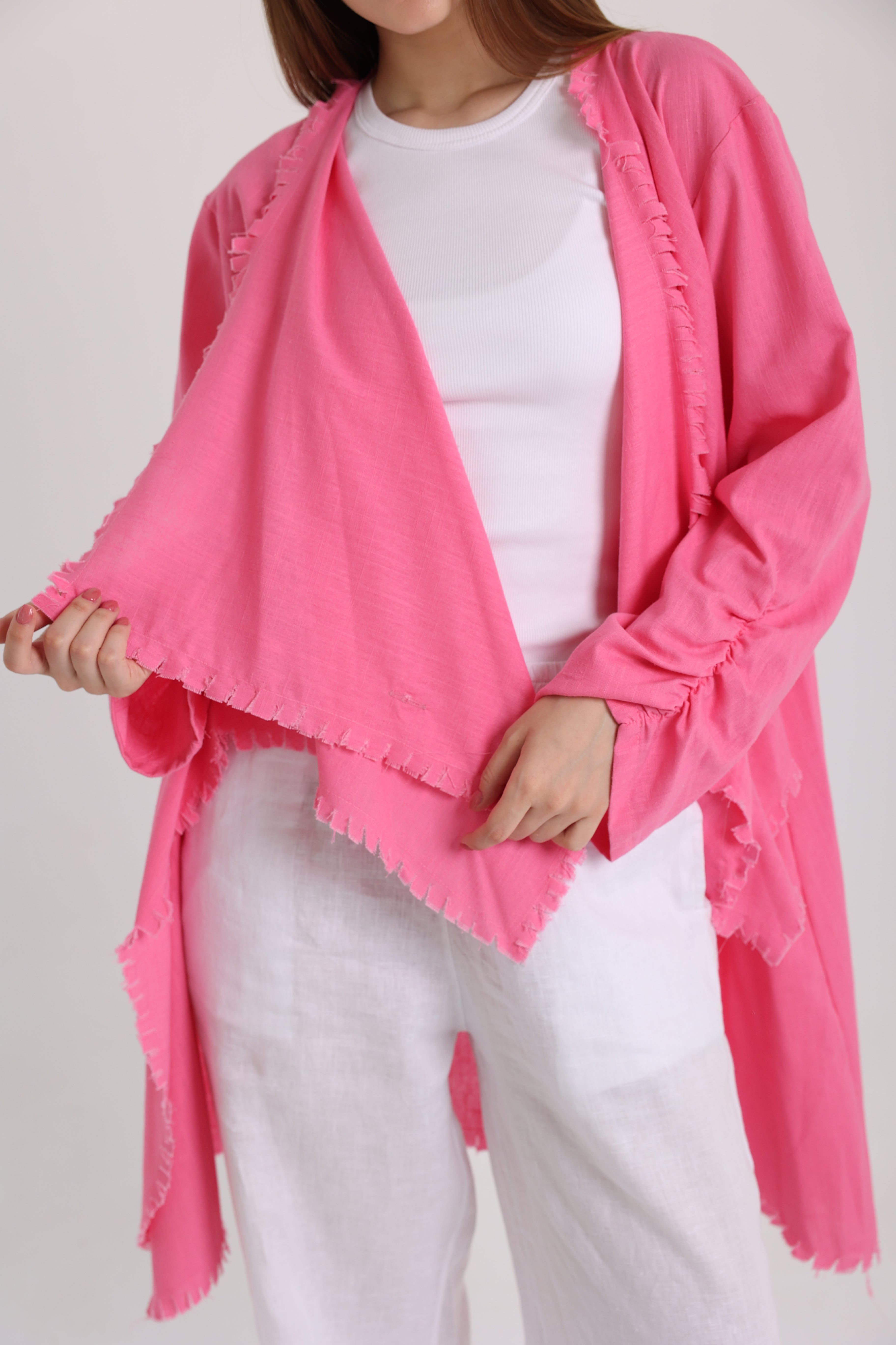 Hot pink high-low croise buttoned cardigan